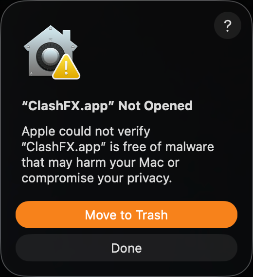 macOS security dialog blocking ClashFX from opening
