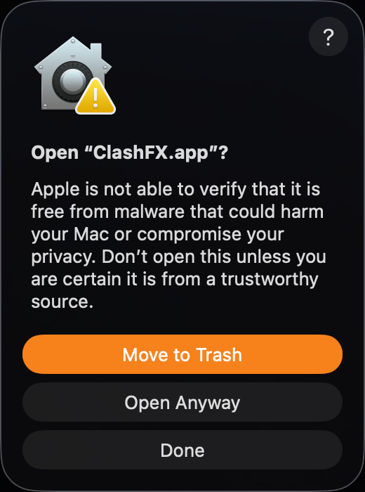 macOS final confirmation dialog to open ClashFX