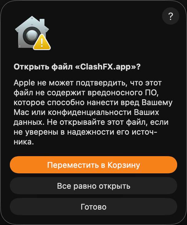 Финальное подтверждение открытия ClashFX в macOS