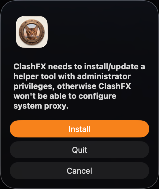 ClashFX requesting to install system proxy helper