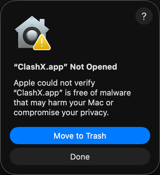 macOS security dialog blocking ClashX from opening