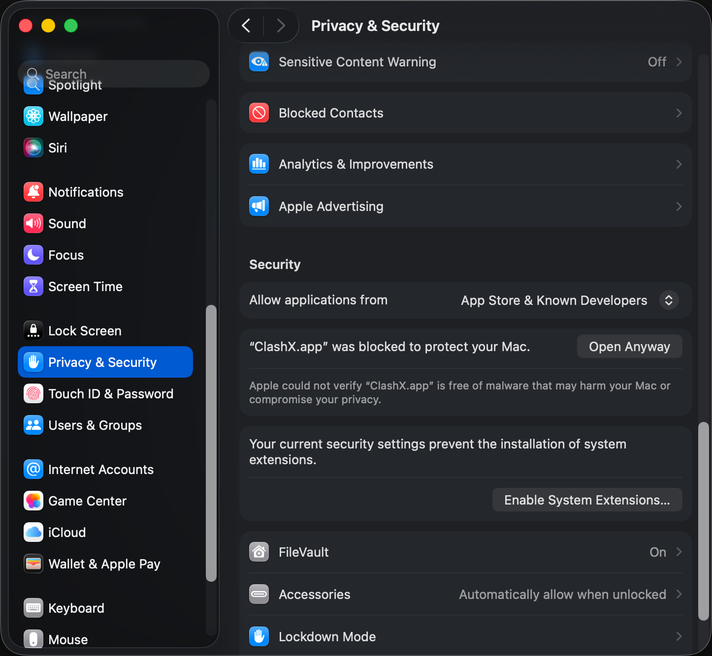 macOS System Settings showing blocked ClashX with Open Anyway button