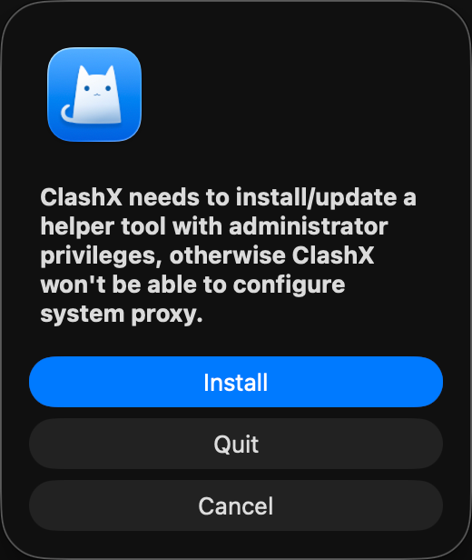 ClashX requesting to install system proxy helper